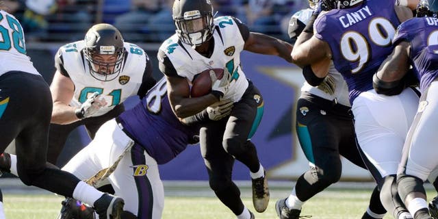 Nov 15, 2015; Baltimore, MD, USA; Jacksonville Jaguars running back T.J. Yeldon (24) runs during the first quarter against the Baltimore Ravens at M&T Bank Stadium. Mandatory Credit: Tommy Gilligan-USA TODAY Sports