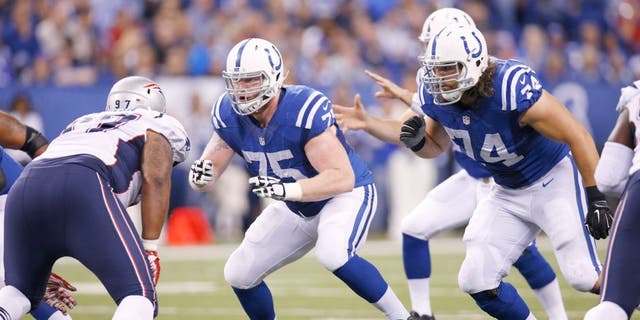 INDIANAPOLIS, IN - OCTOBER 18: Jack Mewhort #75 of the Indianapolis Colts in action during a game against the New England Patriots at Lucas Oil Stadium on October 18, 2015 in Indianapolis, Indiana. The Patriots defeated the Colts 34-27. (Photo by Joe Robbins/Getty Images)