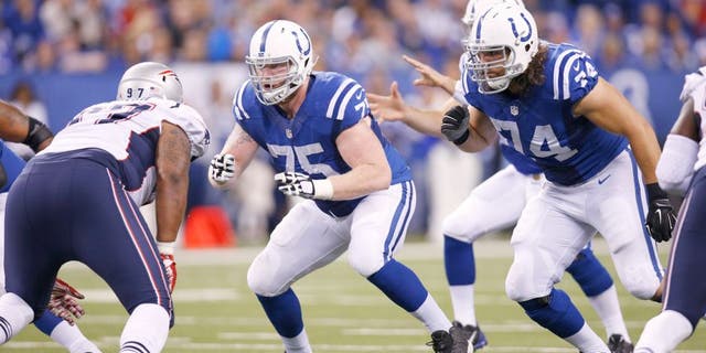 INDIANAPOLIS, IN - OCTOBER 18: Jack Mewhort #75 of the Indianapolis Colts in action during a game against the New England Patriots at Lucas Oil Stadium on October 18, 2015 in Indianapolis, Indiana. The Patriots defeated the Colts 34-27. (Photo by Joe Robbins/Getty Images)