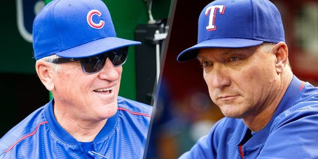 WASHINGTON, DC - JUNE 07: Manager Joe Maddon of the Chicago Cubs bats looks on during the game against the Washington Nationals at Nationals Park on June 7, 2015 in Washington, DC. (Photo by Rob Tringali/SportsChrome/Getty Images), PHOENIX, AZ - APRIL 21: Manager Jeff Banister #28 of the Texas Rangers watches from the dugout during the MLB game against the Arizona Diamondbacks at Chase Field on April 21, 2015 in Phoenix, Arizona. (Photo by Christian Petersen/Getty Images)