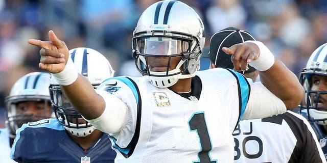 NASHVILLE, TN - NOVEMBER 15: Cam Newton #1 of the Carolina Panthers celebrates during the second half against the Tennessee Titans at LP Field on November 15, 2015 in Nashville, Tennessee. (Photo by Andy Lyons/Getty Images)