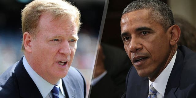 NFL Commissioner Roger Goodell on the field before the game between the Chicago Bears and the Green Bay Packers on September 13, 2015 at Soldier Field in Chicago, Illinois. (Photo by David Banks/Getty Images) U.S. President Barack Obama speaks as White House senior adviser Valerie Jarrett (L) and Philadelphia Mayor Michael Nutter (2nd L) listen during a Roosevelt Room event at the White House March 25, 2015 in Washington, DC. President Obama met with local elected officials and small business exporters on trade.. (Photo by Alex Wong/Getty Images)