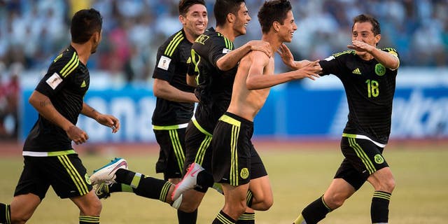 Action photo during the match Honduras vs Mexico at Olimpico Metropolitano Stadium, FIFA World Cup Russia 2018 Qualifiers, North and Central America. Foto de accion durante el Partido Honduras vs Mexico en el Estadio Olimpico Metropolitano, Partido Correspondiente a la Clasificacion CONCACAF para el Mundial de Rusia 2018, en la foto: Festejo de gol de Jurgen Damm 17/11/2015/ MEXSPORT / Osvaldo Aguilar.