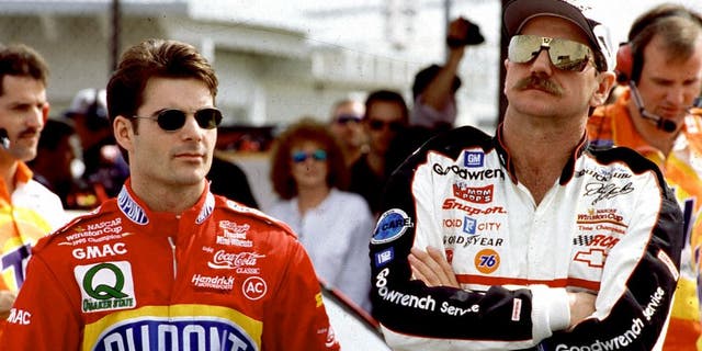 1996: Jeff Gordon and Dale Earnhardt before a NASCAR Cup race. (Photo by ISC Images & Archives via Getty Images)