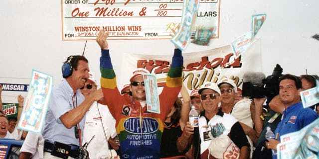 DARLINGTON, SC - AUGUST 31, 1997: Jeff Gordon wins the Winston Million for wins at Daytona, Charlotte, and Darlington in the NASCAR Cup Series. (Photo by ISC Archives via Getty Images)