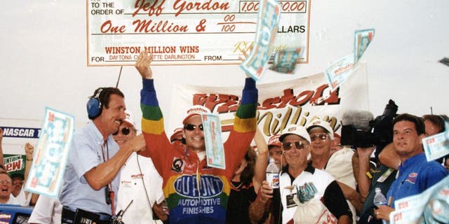 DARLINGTON, SC - AUGUST 31, 1997: Jeff Gordon wins the Winston Million for wins at Daytona, Charlotte, and Darlington in the NASCAR Cup Series. (Photo by ISC Archives via Getty Images)