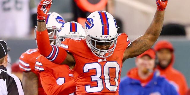 EAST RUTHERFORD, NJ - NOVEMBER 12: Bacarri Rambo #30 of the Buffalo Bills celebrates after he intercepted the ball in the final minute of the game against the New York Jets on November 12, 2015 at MetLife Stadium in East Rutherford, New Jersey.The Buffalo Bills defeated the New York Jets 22-17. (Photo by Elsa/Getty Images)