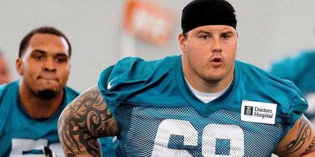 DAVIE, FL - MAY 21: Richie Incognito #68 of the Miami Dolphins runs a drill during the first team OTA on May 21, 2013 at the Miami Dolphins training facility in Davie, Florida. (Photo by Joel Auerbach/Getty Images)
