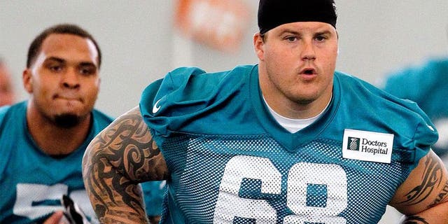 DAVIE, FL - MAY 21: Richie Incognito #68 of the Miami Dolphins runs a drill during the first team OTA on May 21, 2013 at the Miami Dolphins training facility in Davie, Florida. (Photo by Joel Auerbach/Getty Images)