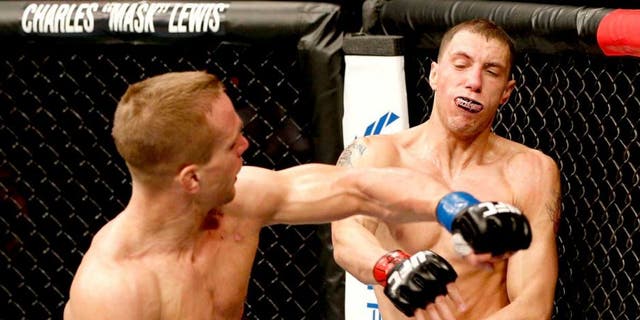AUSTIN, TX - NOVEMBER 22: (L-R) Nick Hein of Germany punches James Vick in their lightweight bout during the UFC Fight Night event at The Frank Erwin Center on November 22, 2014 in Austin, Texas. (Photo by Josh Hedges/Zuffa LLC/Zuffa LLC via Getty Images)
