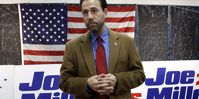 In this Nov. 9, 2010 file photo, Republican Joe Miller speaks with reporters during a news conference in Juneau, Alaska.