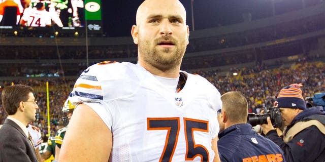 Nov 4, 2013; Green Bay, WI, USA; Chicago Bears guard Kyle Long (75) following the game against the Green Bay Packers at Lambeau Field. Chicago won 27-20. Mandatory Credit: Jeff Hanisch-USA TODAY Sports