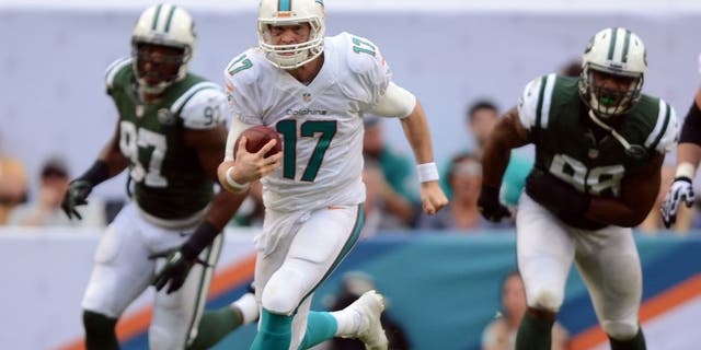 Dec 29, 2013; Miami Gardens, FL, USA; Miami Dolphins quarterback Ryan Tannehill (17) breaks free as New York Jets outside linebacker Calvin Pace (97) and linebacker Quinton Coples (98) chase during the second half of the game at Sun Life Stadium. The Jets defeated Miami 20-7. Mandatory Credit: Brad Barr-USA TODAY Sports