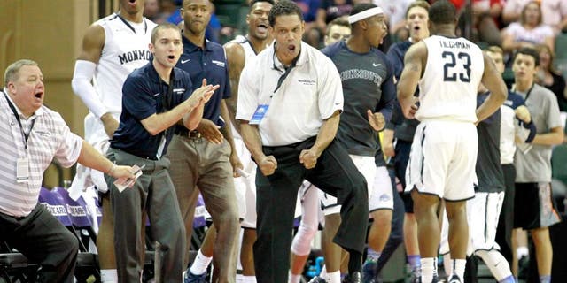 Nov 26, 2015; Lake Buena Vista, FL, USA; Monmouth Hawks head coach King Rice reacts against the Notre Dame Fighting Irish during the second half at ESPN Wide World of Sports Complex. Monmouth beat Notre Dame 70-68. Mandatory Credit: Kim Klement-USA TODAY Sports