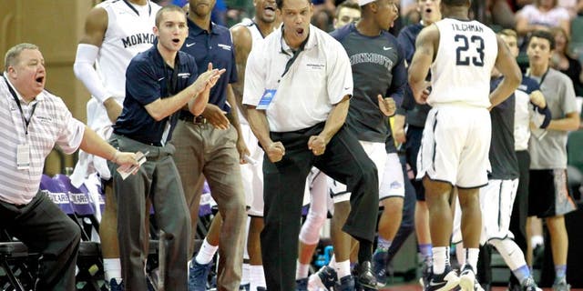 Nov 26, 2015; Lake Buena Vista, FL, USA; Monmouth Hawks head coach King Rice reacts against the Notre Dame Fighting Irish during the second half at ESPN Wide World of Sports Complex. Monmouth beat Notre Dame 70-68. Mandatory Credit: Kim Klement-USA TODAY Sports