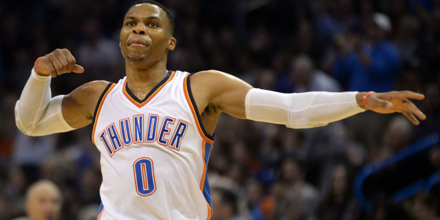 Nov 26, 2016; Oklahoma City, OK, USA; Oklahoma City Thunder guard Russell Westbrook (0) reacts after a play against the Detroit Pistons during the second quarter at Chesapeake Energy Arena. Mandatory Credit: Mark D. Smith-USA TODAY Sports