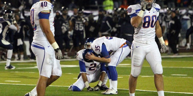Nov. 27: Boise State Broncos kicker Kyle Brotzman reacts after missing a 29 yard field goal attempt during overtime of the NCAA college football game Friday night in Reno, Nev.