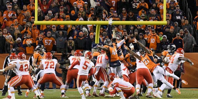 DENVER, CO - NOVEMBER 27: Kansas City Chiefs kicker Cairo Santos (5) kicks the winning field goal in overtime against the Denver Broncos November 27, 2016 at Sports Authority Field at Mile High Stadium. Kansas City Chiefs defeated the Denver Broncos 30-27 for the overtime win. (Photo By John Leyba/The Denver Post via Getty Images)