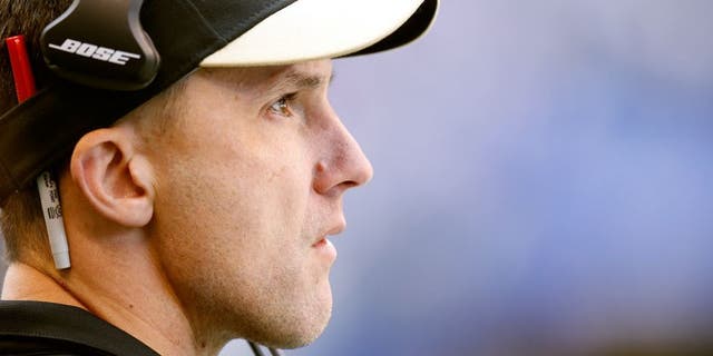 INDIANAPOLIS, IN - OCTOBER 25: Senior defensive assistant Dennis Allen of the New Orleans Saints looks on against the Indianapolis Colts during a game at Lucas Oil Stadium on October 25, 2015 in Indianapolis, Indiana. The Saints defeated the Colts 27-21. (Photo by Joe Robbins/Getty Images)
