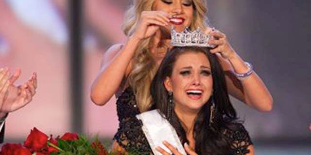January 14, 2012: Miss Wisconsin Laura Kaeppeler reacts after being crowned Miss America.