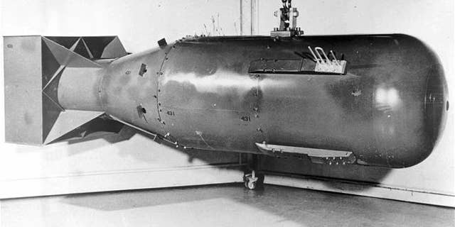 This 1960 image released by the U.S. Department of Defense shows the Little Boy atomic bomb, the type detonated over Hiroshima on Aug. 6, 1945.