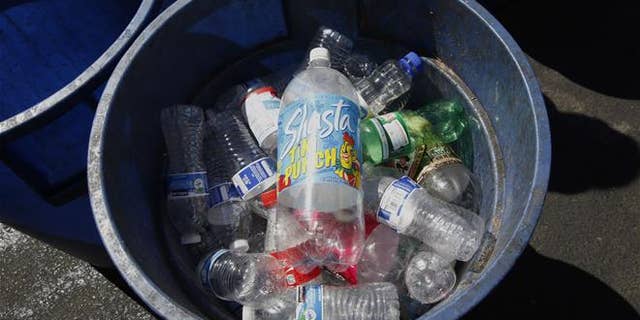 Plastic bottles brought in for recycling are seen at a recycling center in Sacramento, Calif.