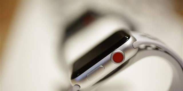 An Apple Watch sits on display during an Apple event on March 27, 2018, in Chicago.