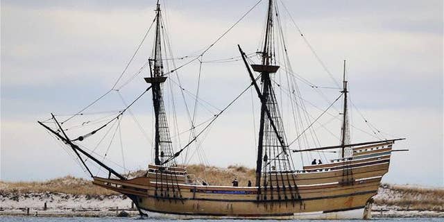Mayflower II, a replica of the original ship that brought pilgrims to Massachusetts in 1620, can be seen in 2014 in Plymouth, Massachusetts.