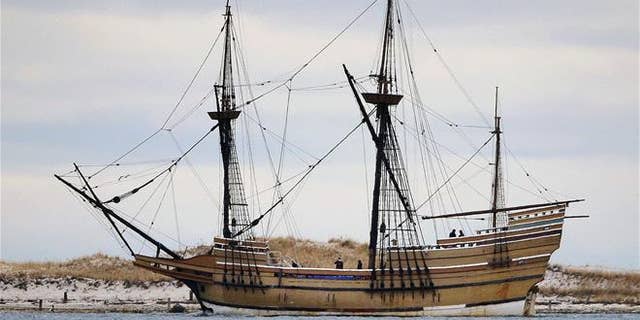 The Mayflower II, a replica of the original ship that brought Pilgrims to Massachusetts in 1620, is seen in Plymouth, Mass., In 2014.