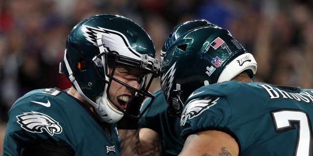 Philadelphia Eagles quarterback Nick Foles (9) celebrates after catching a pass for a touchdown during the second quarter of Super Bowl LII at US Bank Stadium February 4, 2018 in Minneapolis.