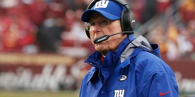 Nov 29, 2015; Landover, MD, USA; New York Giants head coach Tom Coughlin looks on from the sidelines against the Washington Redskins in the second quarter at FedEx Field. The Redskins won 20-14. Mandatory Credit: Geoff Burke-USA TODAY Sports