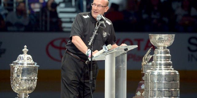 Jun 16, 2014; Los Angeles, CA, USA; Bob Miller emcees Los Angeles Kings rally to celebrate winning the 2014 Stanley Cup at Staples Center. Mandatory Credit: Kirby Lee-USA TODAY Sports