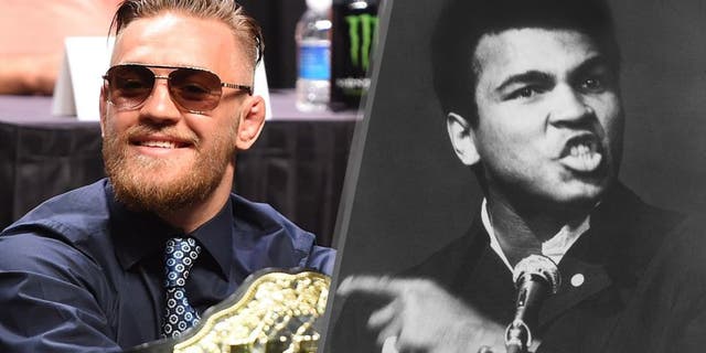 UFC interim featherweight champion Conor McGregor looks on during the UFC's Go Big launch event inside MGM Grand Garden Arena on September 4, 2015 in Las Vegas, Nevada. (Photo by Jeff Bottari/Zuffa LLC/Zuffa LLC via Getty Images) World Heavyweight Champion boxer, Muhammad Ali addressing an audience at the New Victoria Theatre in London. (Photo by Tim Graham/Evening Standard/Getty Images)
