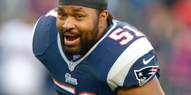 Jan 13, 2013; Foxboro, MA, USA; New England Patriots linebacker Jerod Mayo (51) during the AFC Divisional Round playoff game against the Houston Texans at Gillette Stadium. The Patriots defeated the Texans 41-28. Mandatory Credit: Kirby Lee/USA TODAY Sports