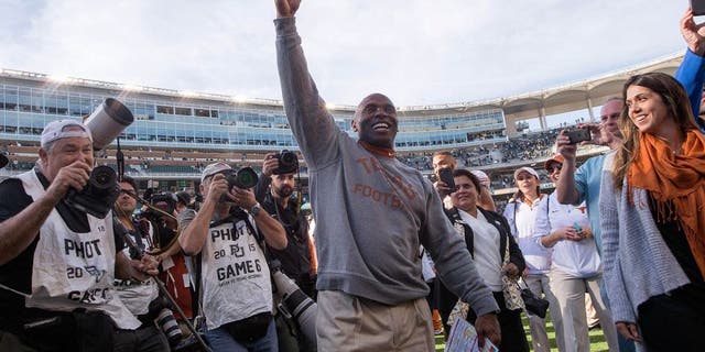 Dec 5, 2015; Waco, TX, USA; Texas Longhorns head coach Charlie Strong celebrates the win over the Baylor Bears at McLane Stadium. The Longhorns defeat the Bears 23-17. Mandatory Credit: Jerome Miron-USA TODAY Sports