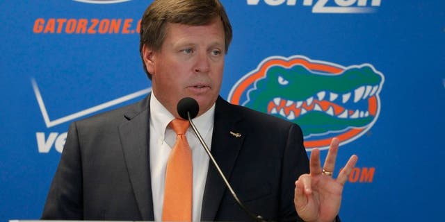 Dec 6, 2014; Gainesville, FL, USA; Florida Gators head coach Jim McElwain is introduced during a press conference at Ben Hill Griffin Stadium. Mandatory Credit: Kim Klement-USA TODAY Sports