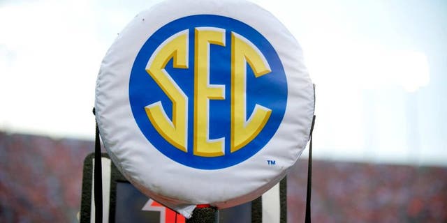 AUBURN, AL - AUGUST 31: A SEC logo on a field marker during Auburn's game against the Washington State Cougars on August 31, 2013 at Jordan-Hare Stadium in Auburn, Alabama. At halftime Auburn leads Washington State 25-21. (Photo by Michael Chang/Getty Images)