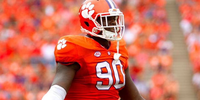 Sep 12, 2015; Clemson, SC, USA; Clemson Tigers defensive end Shaq Lawson (90) reacts during the second half against the Appalachian State Mountaineers at Clemson Memorial Stadium. Mandatory Credit: Joshua S. Kelly-USA TODAY Sports