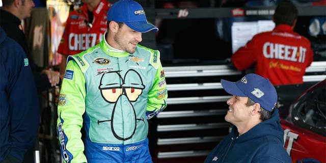 KANSAS CITY, KS - MAY 08: Casey Mears, driver of the #13 Squidward Tentacles Chevrolet, stands in the garage area during practice for the NASCAR Sprint Cup Series SpongeBob SquarePants 400 at Kansas Speedway on May 8, 2015 in Kansas City, Kansas. (Photo by Jeff Zelevansky/Getty Images)