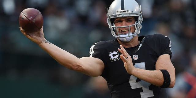 OAKLAND, CA - DECEMBER 06: Derek Carr #4 of the Oakland Raiders looks to throw a pass against the Kansas City Chiefs during their NFL football game at O.co Coliseum on December 6, 2015 in Oakland, California. (Photo by Thearon W. Henderson/Getty Images)