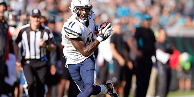 Nov 29, 2015; Jacksonville, FL, USA; San Diego Chargers wide receiver Stevie Johnson (11) catches a pass against the Jacksonville Jaguars in the third quarter at EverBank Field. The Chargers won 31-25. Mandatory Credit: Jim Steve-USA TODAY Sports