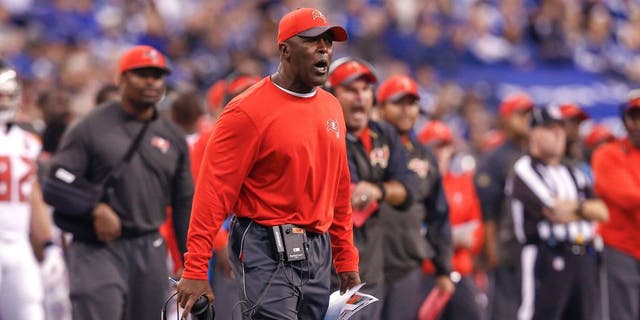 INDIANAPOLIS, IN - NOVEMBER 29 : Head coach Lovie Smith of the Tampa Bay Buccaneers is seen during the game against the Indianapolis Colts at Lucas Oil Stadium on November 29, 2015 in Indianapolis, Indiana. Indianapolis defeated Tampa Bay 25-12. (Photo by Michael Hickey/Getty Images)
