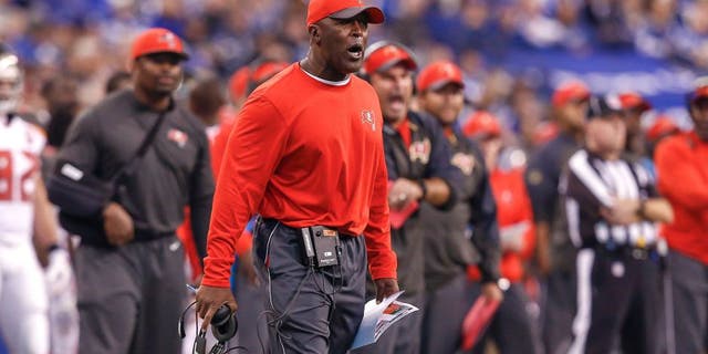 INDIANAPOLIS, IN - NOVEMBER 29 : Head coach Lovie Smith of the Tampa Bay Buccaneers is seen during the game against the Indianapolis Colts at Lucas Oil Stadium on November 29, 2015 in Indianapolis, Indiana. Indianapolis defeated Tampa Bay 25-12. (Photo by Michael Hickey/Getty Images)