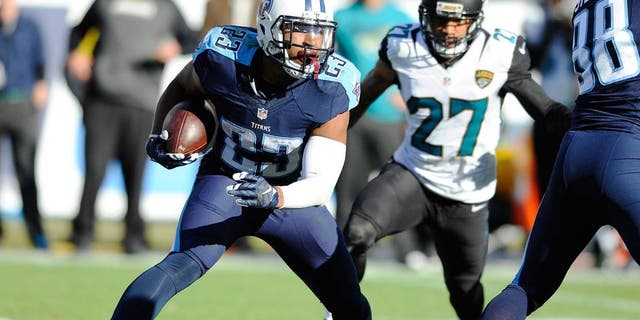 Dec 6, 2015; Nashville, TN, USA; Tennessee Titans running back David Cobb (23) is stopped behind the line during the second half against the Jacksonville Jaguars at Nissan Stadium. Mandatory Credit: Christopher Hanewinckel-USA TODAY Sports