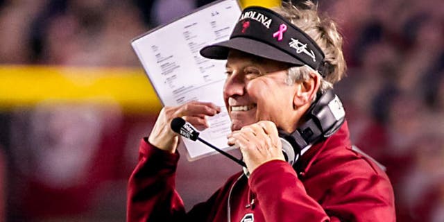 Nov 30, 2013; Columbia, SC, USA; South Carolina Gamecocks head coach Steve Spurrier disputes a call against the Clemson Tigers in the second quarter at Williams-Brice Stadium. Mandatory Credit: Jeff Blake-USA TODAY Sports