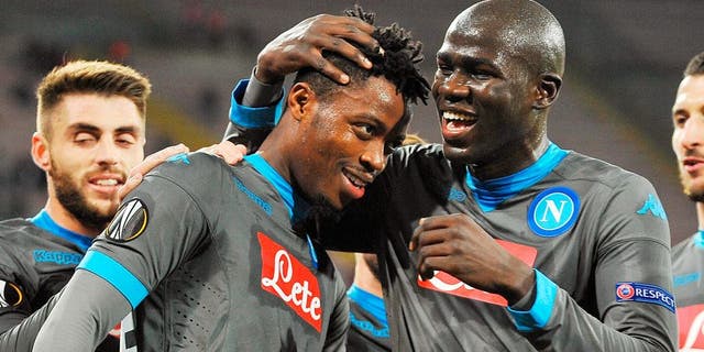 NAPLES, ITALY - DECEMBER 10: Kalidou Koulibaly and Nathaniel Chalobah of Napoli celebrate a goal 1-0 scored by Nathaniel Chalobah during the UEFA Europa League Group D match between SSC Napoli and Legia Warszawa on December 10, 2015 in Naples, Italy. (Photo by Francesco Pecoraro/Getty Images)