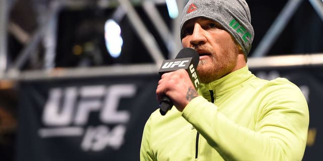 LAS VEGAS, NV - DECEMBER 10: Conor McGregor of Ireland answers questions from the media during the UFC 194 open workouts inside MGM Grand Garden Arena on December 10, 2015 in Las Vegas, Nevada. (Photo by Josh Hedges/Zuffa LLC/Zuffa LLC via Getty Images)