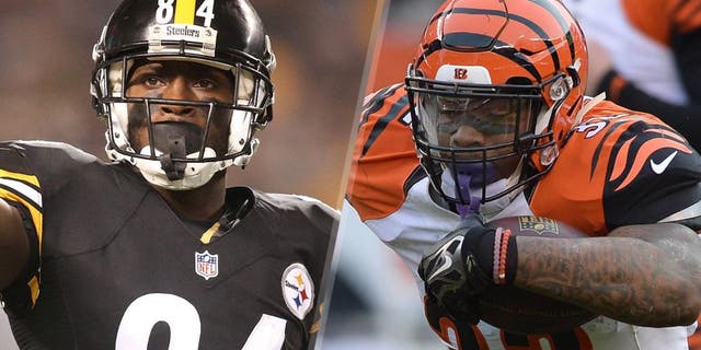 Pittsburgh Steelers wide receiver Antonio Brown (84) gestures at the line of scrimmage against the Indianapolis Colts during the second quarter at Heinz Field. Mandatory Credit: Charles LeClaire-USA TODAY Sports Cincinnati Bengals running back Jeremy Hill (32) is upended by Cleveland Browns free safety Tashaun Gipson (39) during the fourth quarter at FirstEnergy Stadium. Mandatory Credit: Ken Blaze-USA TODAY Sports