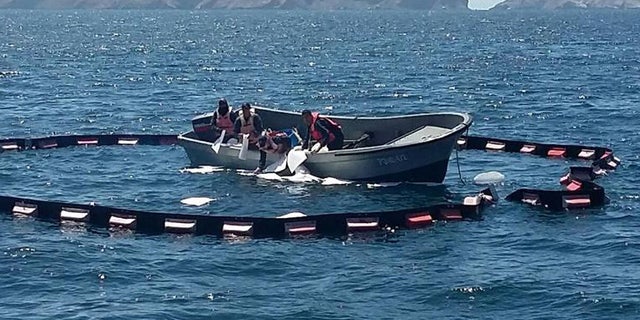 Image provided by the Mexican Secretariat of the Navy (Semar) available Septiembre 5, 2016 of a work of Mexican authorities recovered 20 liters of diesel from the sea after a boat rescue. EFE