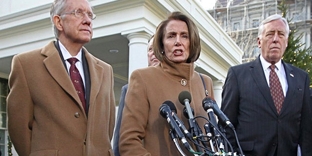 Dec. 9: House Speaker Nancy Pelosi is flanked by Senate Majority Leader Harry Reid, left, and House Majority Leader Steny Hoyer, outside the White House.